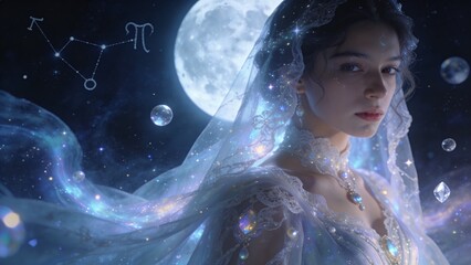 Obraz premium Moonlit portrait of woman in celestial veil with constellation — fantasy and editorial background