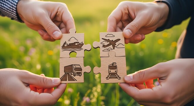 Four puzzle pieces showing different modes of transport