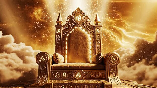 Golden throne on a mystical floating platform surrounded by glowing clouds and radiant light beams