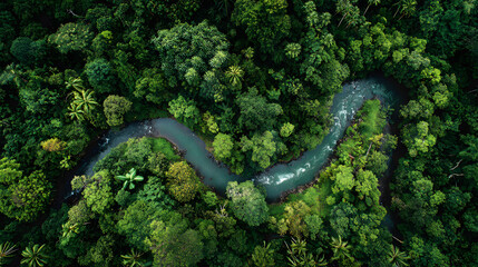 Naklejka premium Aerial tropical rainforest canopy winding river lush green forest dense jungle overhead view nature landscape tropical woodland curved stream