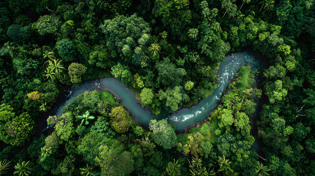 Aerial tropical rainforest canopy winding river lush green forest dense jungle overhead view nature landscape tropical woodland curved stream