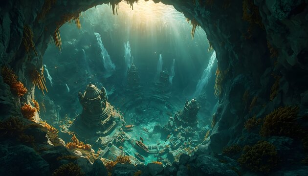 Fantasy underwater cave with ancient sunken city temples coral stalactites and teal glowing light from above