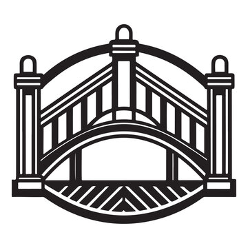 Black and white illustration of a bridge with two pillars and arches  architectural design element  bridge icon
