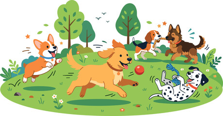 Fototapeta premium Playful dogs including Golden Retriever, Dalmatian, Corgi, Beagle, and German Shepherd running and playing outdoors flat vector illustration