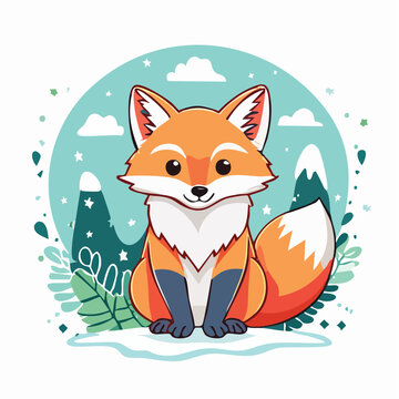 Cute Cartoon Fox Sitting in Snowy Landscape