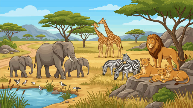 African safari animals including elephants, giraffes, zebras, lions, and birds at watering hole flat vector illustration for wildlife and nature design