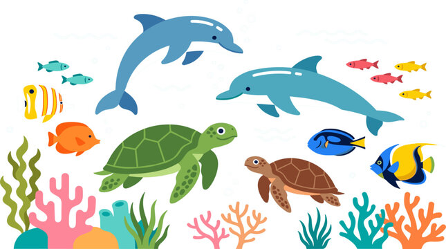 Dolphins, sea turtles, and tropical fish flat vector illustration for marine life, underwater ecosystem, and ocean design
