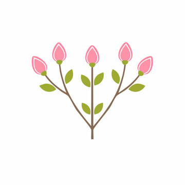 Stylized Pink Flower Buds on Branches with Green Leaves