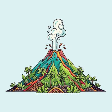 Erupting volcano with smoke and plants.