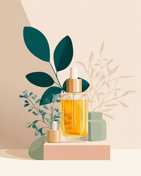 Golden facial oil dropper bottle with botanical leaves on neutral beige minimalist background