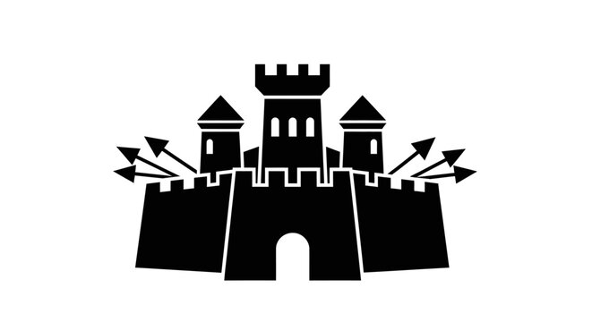 Black silhouette icon of a fortified castle under attack by arrows.
