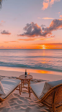 Beautiful beach sunset landscape with rattan lounge chairs champagne and ocean waves offering sky copy space for premium island tours luxury resorts and honeymoons.