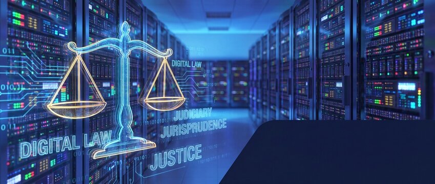 Digital law concept with scales of justice in a server room with data law and justice keywords