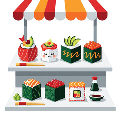 Sushi rolls on a food cart. © ya