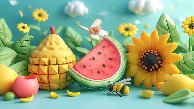 Cute 3D claymorphism watermelon sunflower pineapple and bee models on clean cyan background perfect for kids nutritional food summer drink menus and fun cartoon layouts.