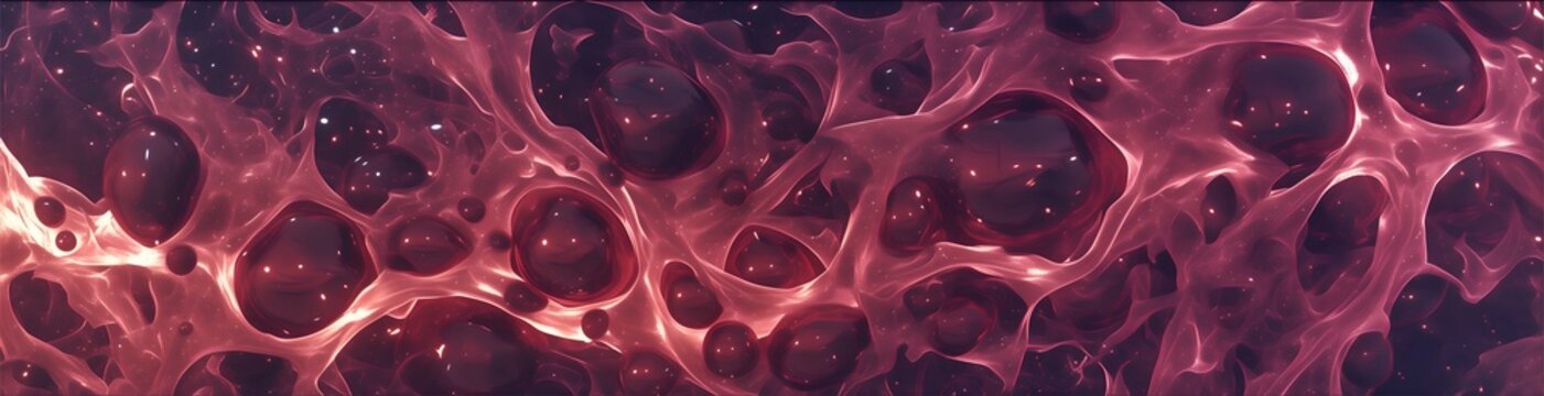 Abstract glowing pink cell structure texture with organic bubbles, futuristic scientific pattern on neon maroon background. For medical tech banners or horror fantasy adventure, stranger mystery