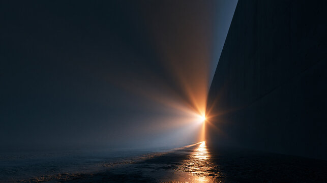Vast Dark Architectural Void With Single Dramatic Light Ray From Massive Concrete Wall Corner