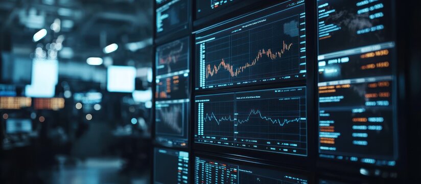 Multiple monitors displaying financial data with charts and graphs in a modern office setting.