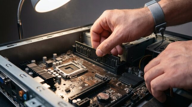 Man's Hands Installing RAM Memory Module into Desktop Computer Motherboard