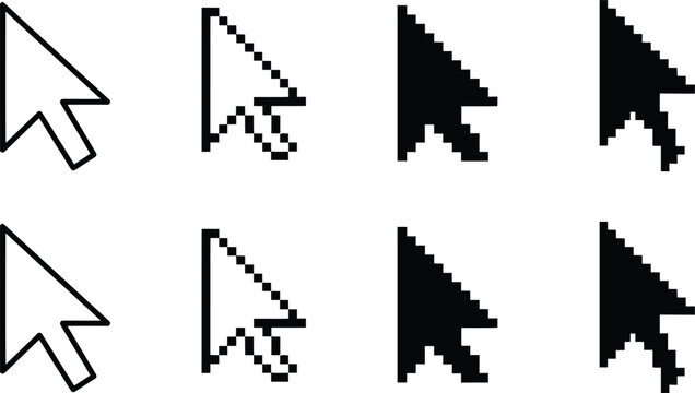 Black and white pixelated mouse cursor pointer click icons in various styles isolated on white background, Vector, illustration