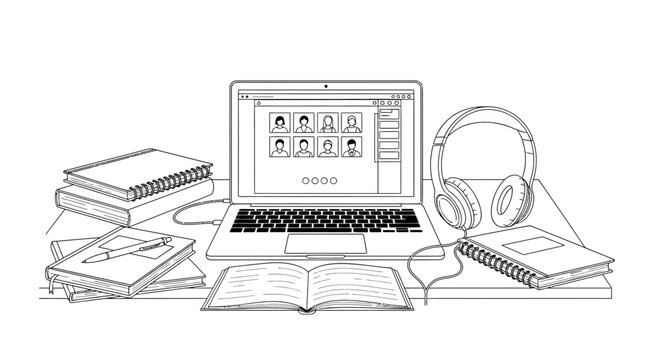 Online learning setup: laptop with video conference, books, headphones and notebook