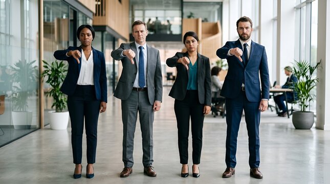 Four Diverse Business People Giving Thumbs Down in Office