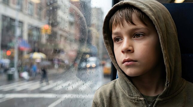 Sad lofi boy sitting by window on rainy night concept. A contemplative boy gazing out a rain-soaked bus window.
