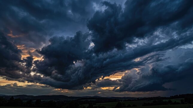 Dramatic dark stormy clouds in the evening sky with golden sunset light breaking through the horizon over a rural landscape