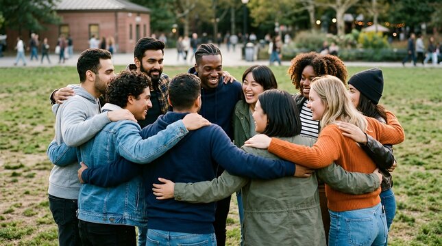 Diverse group of friends hugging in a park, unity, friendship, togetherness
