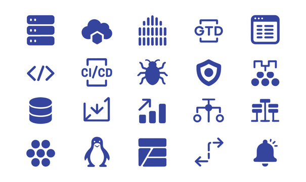 Technology and DevOps Icon Set Collection - Blue Flat Silhouette Server Database Cloud Code Bug Shield Linux and Workflow Symbols for Software and IT Design