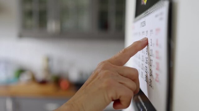 Senior Woman Checking the Dates in the Kitchen Calendar  