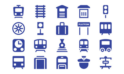 Train and Railway Icon Set Collection - Blue Flat Silhouette Metro Tram Station Platform Track and Public Transport Symbols for Transit and Urban Design © Graphix Hub