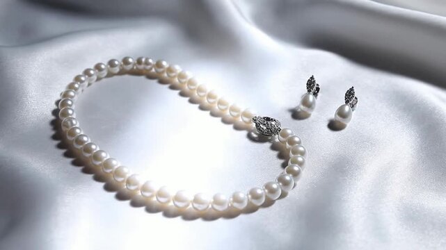 Elegant pearl necklace and earrings set on white satin background