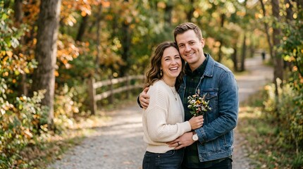 Fototapeta premium Happy Couple Embracing in Autumn Park with Colorful Foliage
