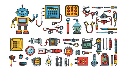 Robot and Technology Components: A charming cartoon robot stands surrounded by a collection of gears, circuits, tools, and various technological elements. © Murshida