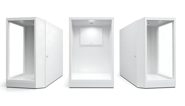 Three white empty display cases, exhibition showcases, museum display, retail display stands, studio shots