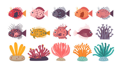 Underwater World Collection: A vibrant collection of cartoonish fish and colorful coral formations, depicting a lively coral reef ecosystem with various marine life. © mahmuda428