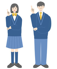 Obraz premium 笑顔で人差し指を立て指差しポーズをする制服姿の高校生男女2人の全身イラストセット2