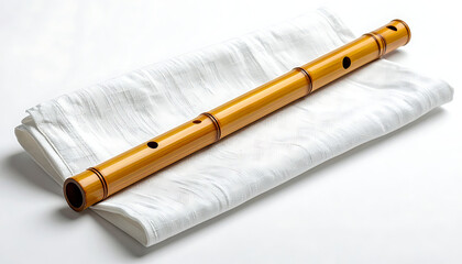Fototapeta premium Traditional Japanese shakuhachi flute made of natural bamboo wood, resting on a white textured cloth, cultural music instrument