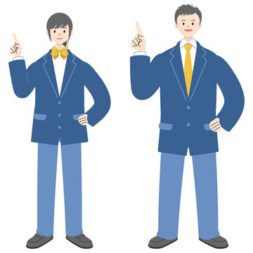 笑顔で人差し指を立て指差しポーズをする制服姿の高校生男女2人の全身イラストセット3