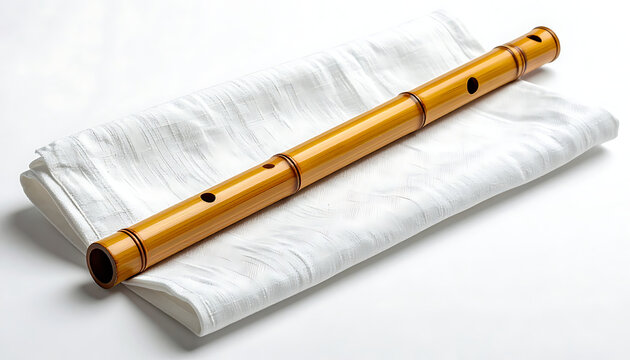 Traditional Japanese shakuhachi flute made of natural bamboo wood, resting on a white textured cloth, cultural music instrument