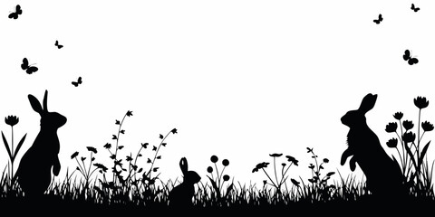 Rabbit Silhouette Scene With Flowers And Butterflies White Background © Shobuj