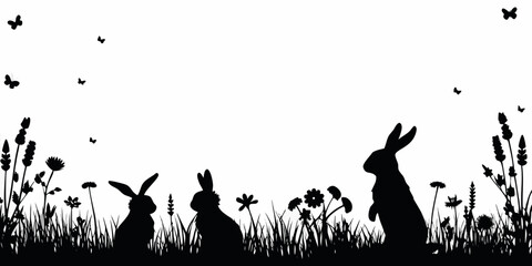 Bunny silhouettes with wildflowers and butterflies on a white background © Shobuj