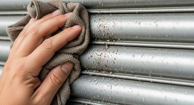 Close-up of a hand wiping down a wet metal roller shutter door with a cloth.