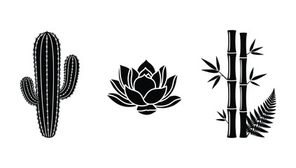 Minimalist black icon set featuring cactus lotus flower bamboo stalks and fern leaf isolated on white background for botanical design projects © NorStock