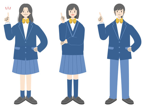 笑顔で人差し指を立て指差しポーズをする制服姿の女子高校生3人の全身イラストセット