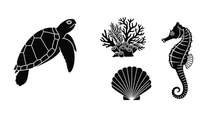 Set of black and white vector icons featuring sea turtle coral reef seashell and seahorse for marine life design projects and educational graphics © NorStock