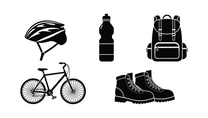 Adventure travel gear collection with bicycle helmet water bottle backpack and hiking boots for outdoor activity and tourism design themes © NorStock