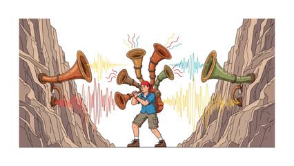 Echo Chamber Amplified: A hiker stands in a canyon, surrounded by an array of amplified musical horns and vibrant sound waves, creating a cacophony of auditory expression. © abidakhatun