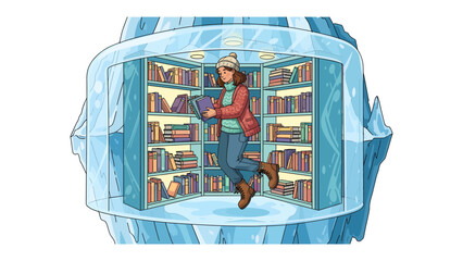 Bookworm's Arctic Retreat: A woman in warm winter attire floats weightlessly among bookshelves filled with an array of literary treasures, nestled within a fantastical ice cave library. © abidakhatun